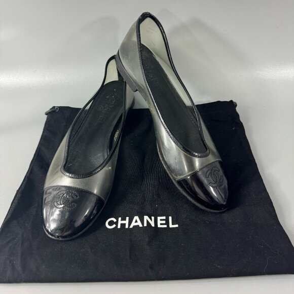 100% Authentic Chanel Black PVC & Patent Leather Flats, Size 39 - Picture 1 of 14